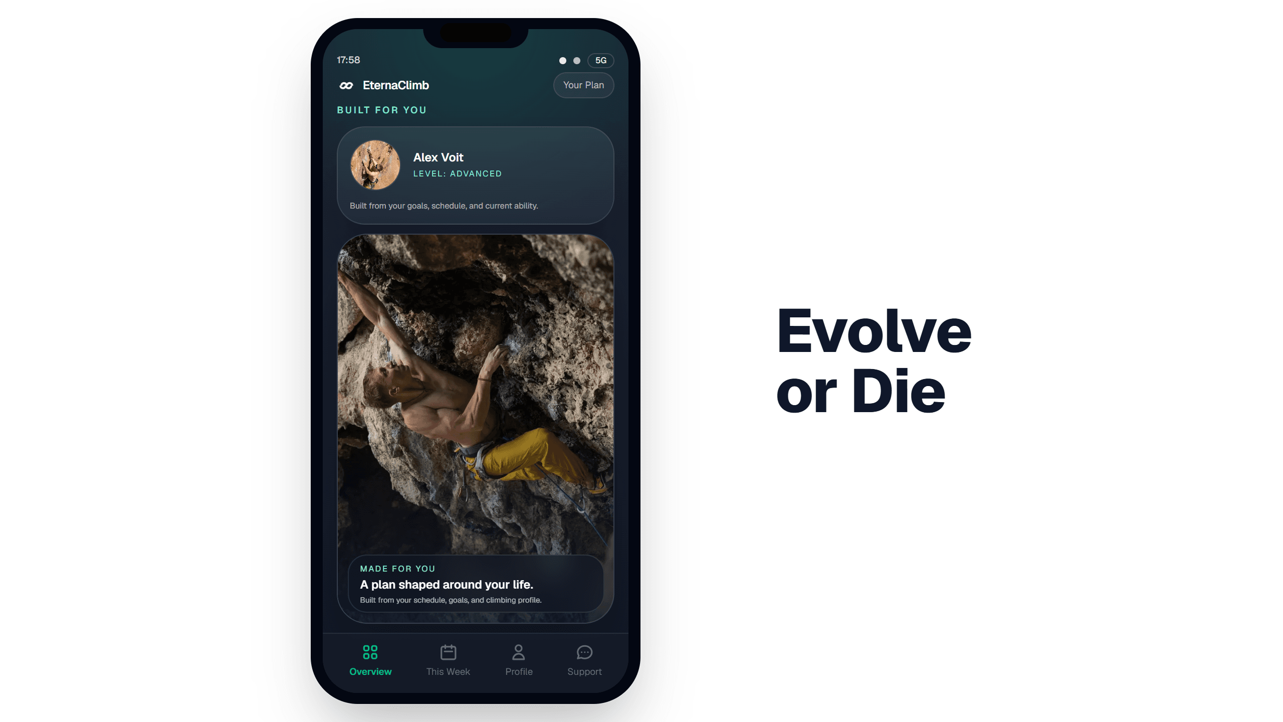 The EternaClimb climbing training app on a phone next to the words Evolve or Die.