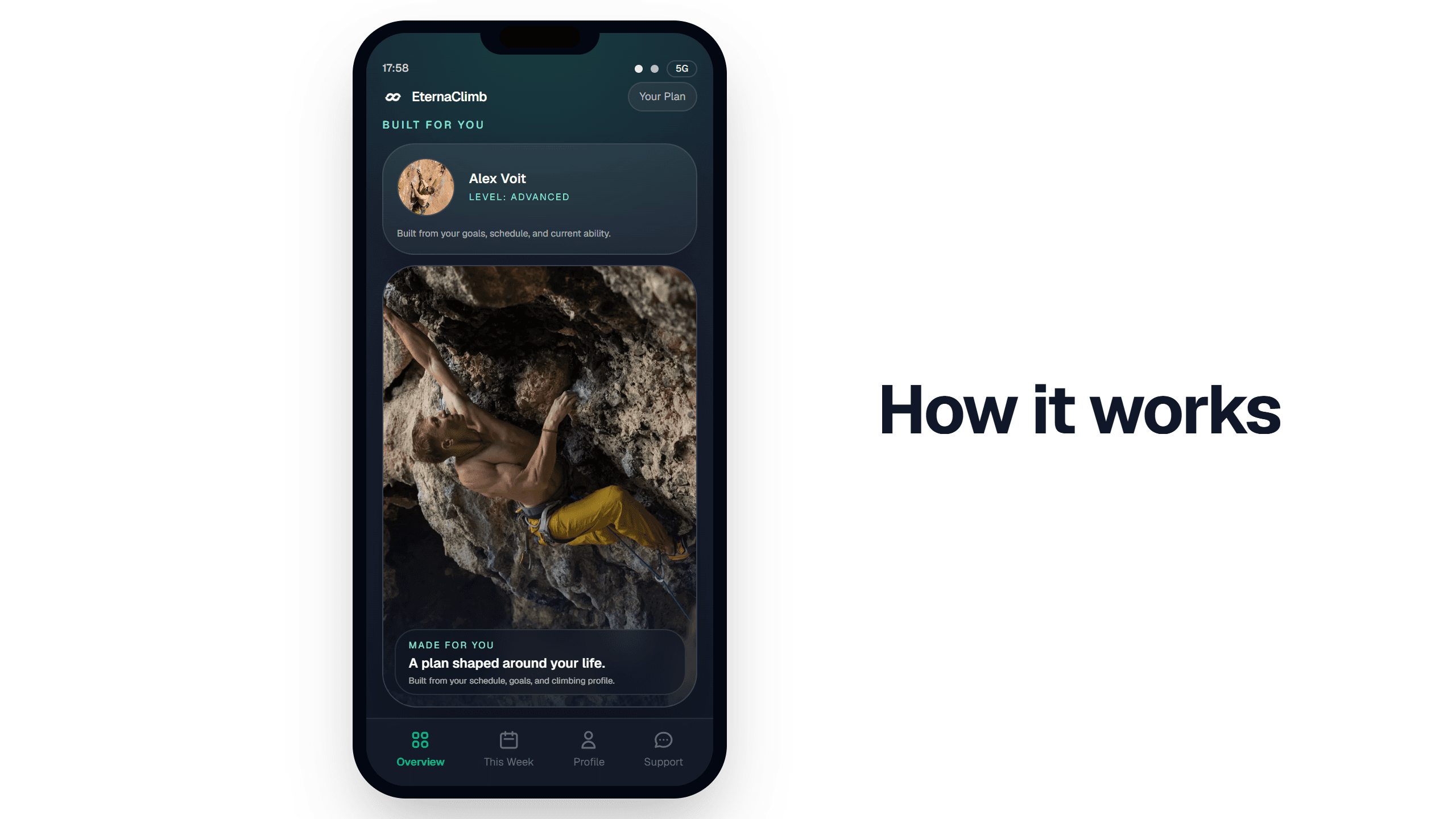 The EternaClimb climbing training app on a phone next to the words How it works.